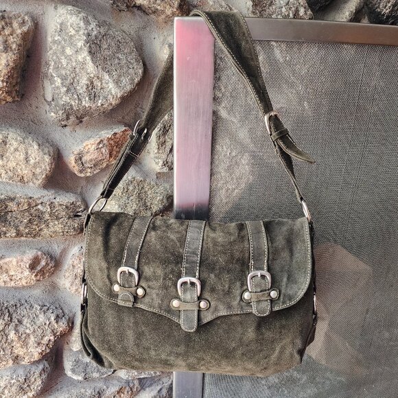 Abaco Paris Green Suede Flap-Over Shoulder Bag - Picture 4 of 16